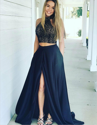Two Piece High Neck Dark Blue Satin Prom Dresses with Lace&Split, TYP1282