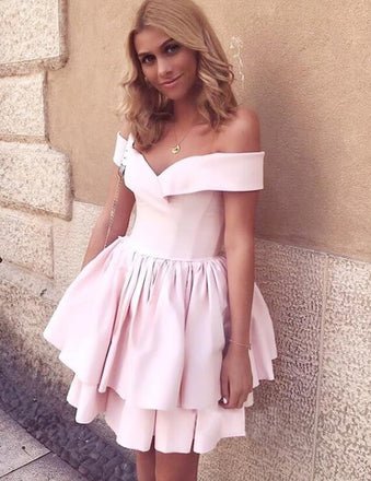 A-Line Off-Shoulder Pink Satin Short Cheap Homecoming Dresses, TYP1022
