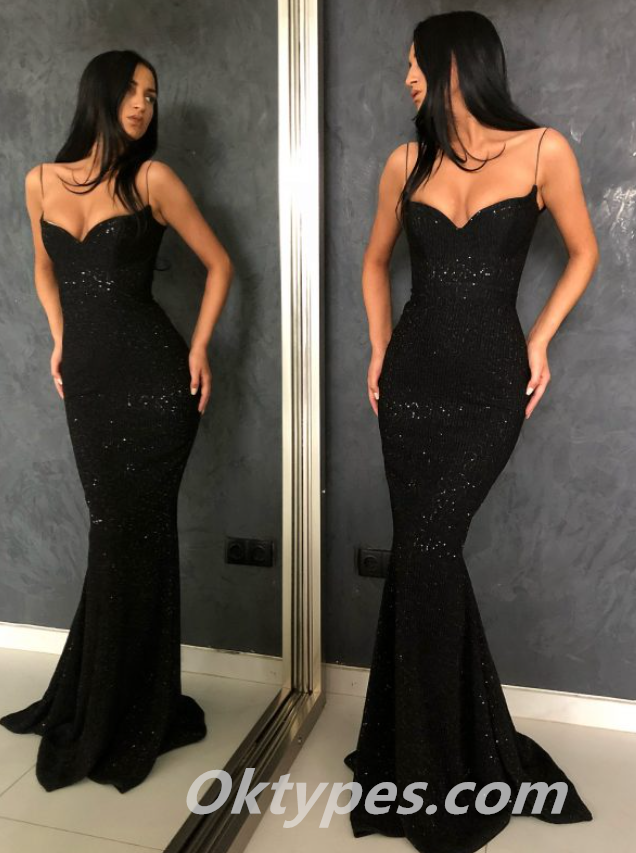 Sexy Charming Sequin Spaghetti Straps V-Neck Mermaid Long Prom Dresses ,PDS0381