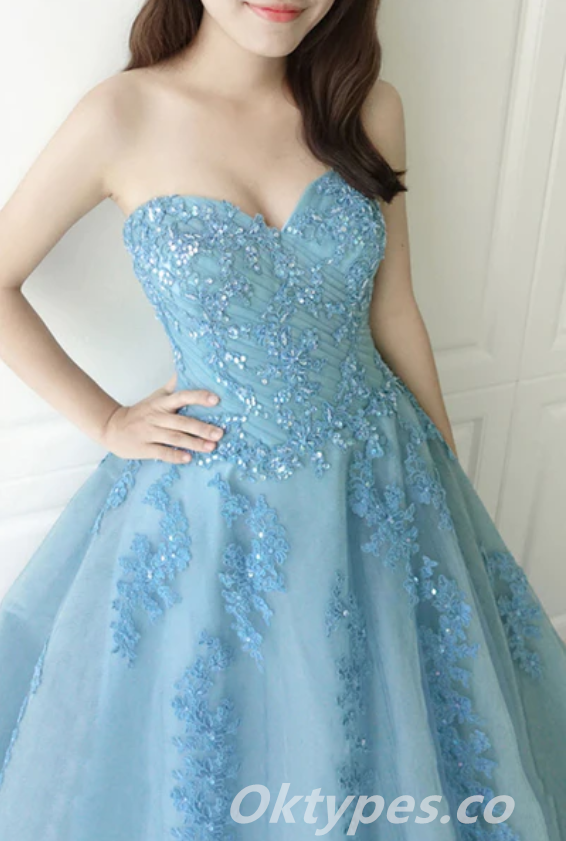 Elegant Blue Tulle Sweetheart Applique A-Line Long Prom Dresses,PDS0439