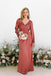 Rust Satin V-Neck Long Sleeves Column Floor Length Long Bridesmaid Dresses, BDS0189