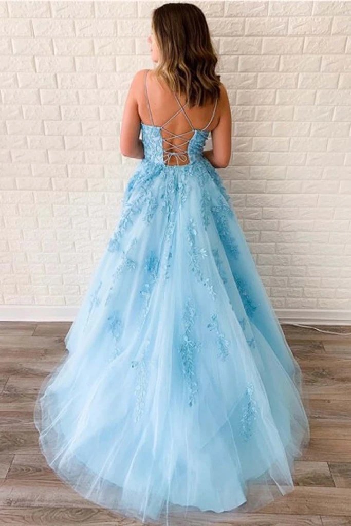 Sexy Blue Backless Spaghetti Straps Lace Evening Prom Dresses, Evening Party Prom Dresses, PDS0086