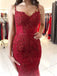 Burgundy Spaghetti Strap Lace Appliqued Long Mermaid Prom Dresses, TYP1453
