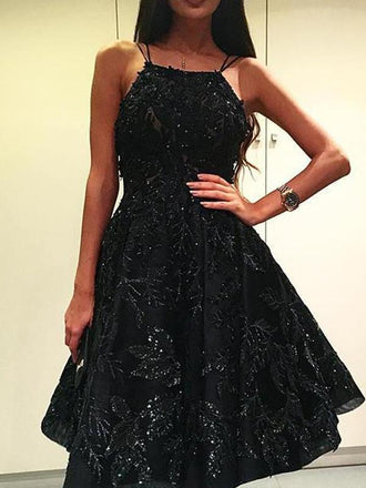 Sparkly Black Beading Lace Appliqued A-line Cheap Short Homecoming Dresses, HDS0038
