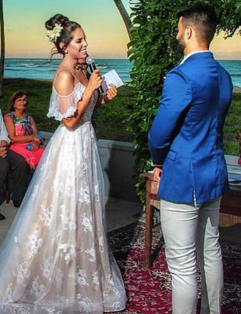 Pretty A-Line Cold Shoulder Lace Wedding Dresses with Ruffles&Appliques, TYP1077