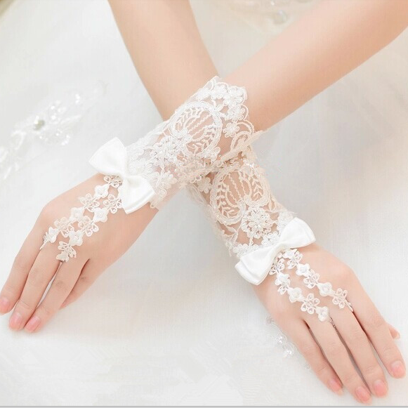 Long Bridal Gloves, Lace Appliques Gloves, Lovely Gloves With Beaded And Bow, TYP0574