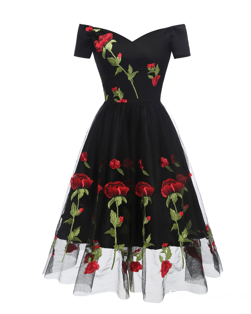Charming Off the Shoulder Tulle Black Homecoming Dresses with Flowers, TYP2018