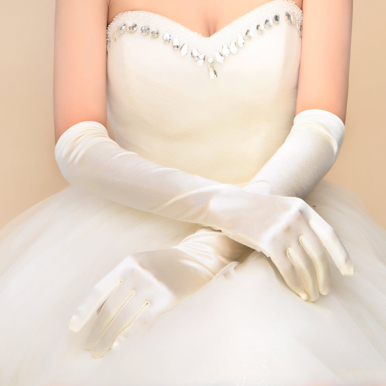 Bridal Black Gloves, Bridal Gloves, White Satin Long Full Finger Bridal Gloves, Wedding Gloves, Wedding Accessory, TYP0553