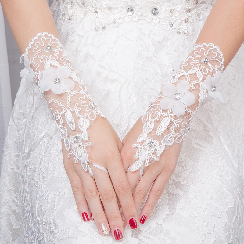 White Short Finger Rhinestone Wedding Gloves, Women Bridal Gloves, TYP0639