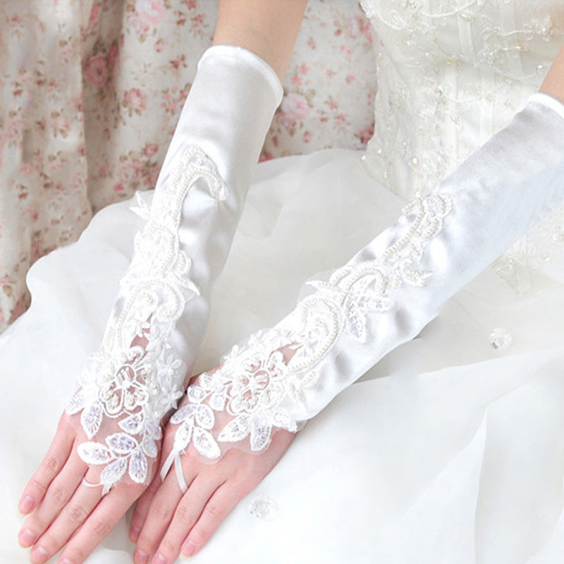 Long Satin Wedding Gloves, Lace Appliques Gloves, White Gloves, TYP0561