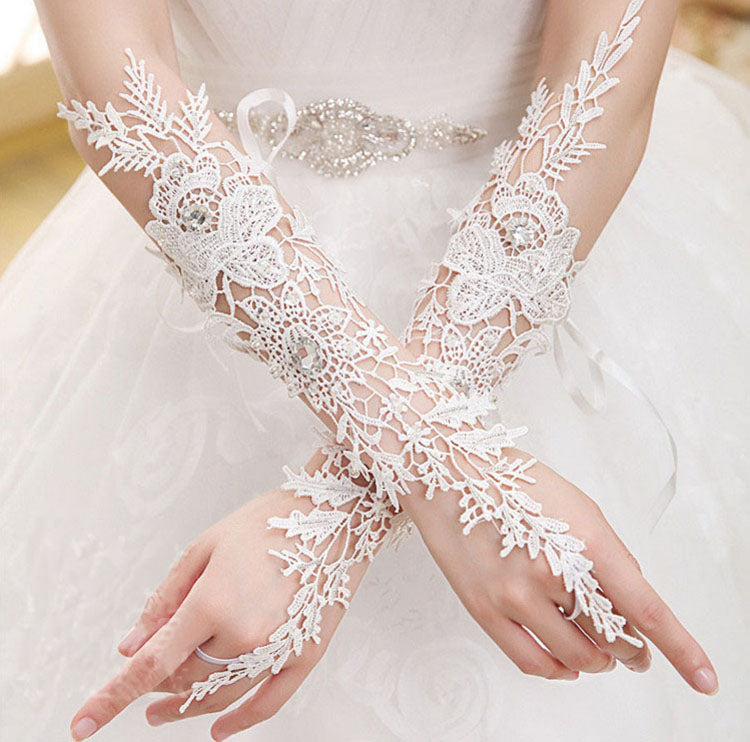 Bridal Gloves, French Lace Gloves, Floral Rhinestone Bridal Gloves, Lo –  Oktypes