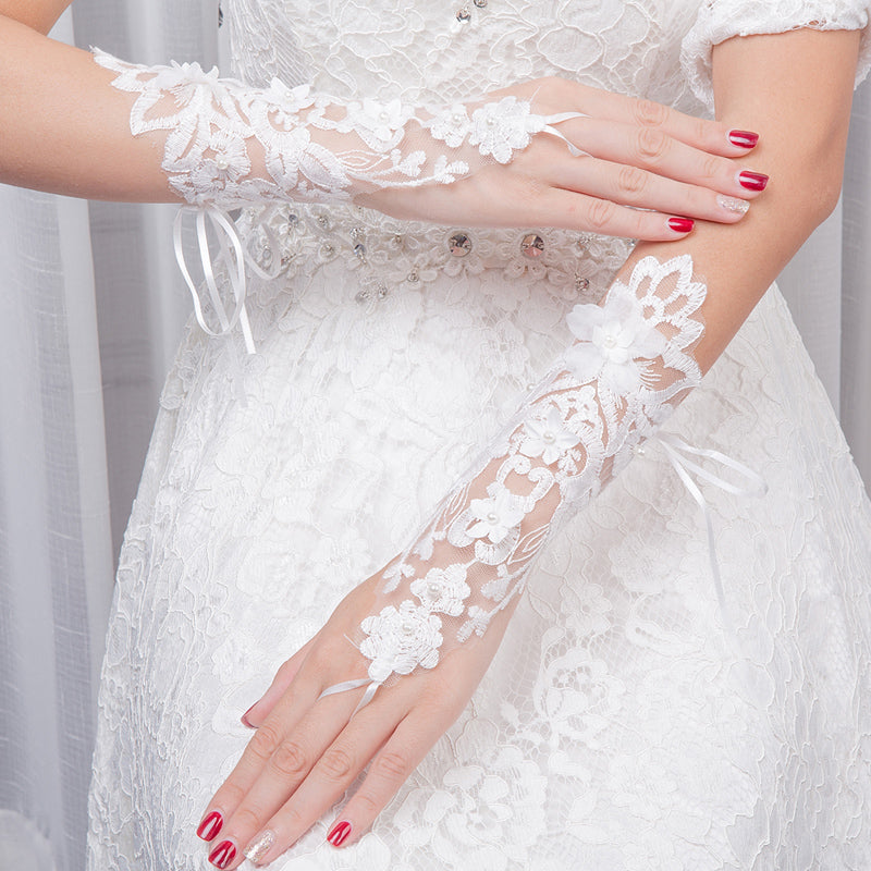 White Bridal Gloves, Wedding Gloves Adorned With Pearls And Lace Flowers, TYP0558