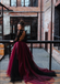 Two Pieces Black Lace Top And Tulle Burgundy Bottom Long Sleeves Open Back Prom Dresses, PDS0307