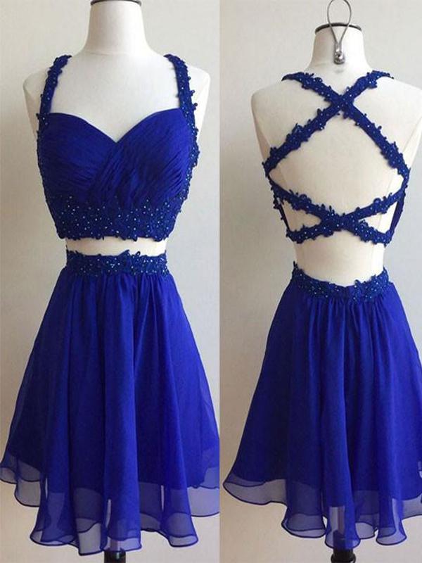 Chiffon Short Cheap Royal Blue Two Piece Homecoming Dresses 2018, CM461