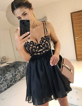 Spaghetti Straps Black Chiffon Homecoming Dress with Appliques, TYP0985