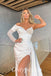 Sexy White Satin One Shoulder Long Sleeve V-Neck Side Slit Mermaid Long Prom Dresses,PDS0797