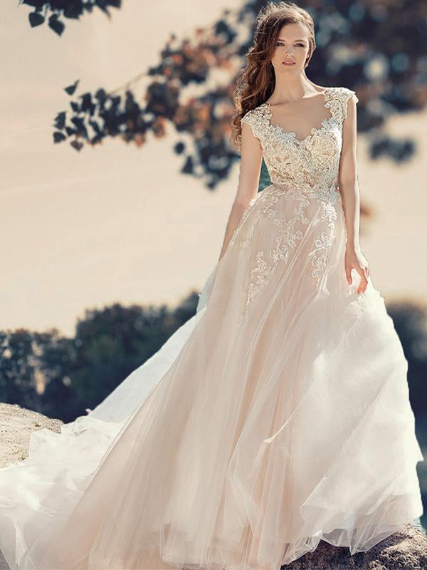 Lace Straps Brush Train Appliques Beautiful Simple Wedding Dresses, TYP1489