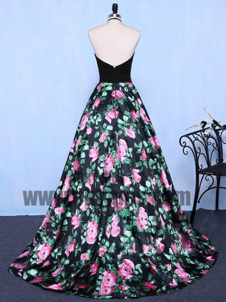 Chic A Line Prom Dress Modest Beautiful Floral Cheap Long Black Prom Dress, TYP0401