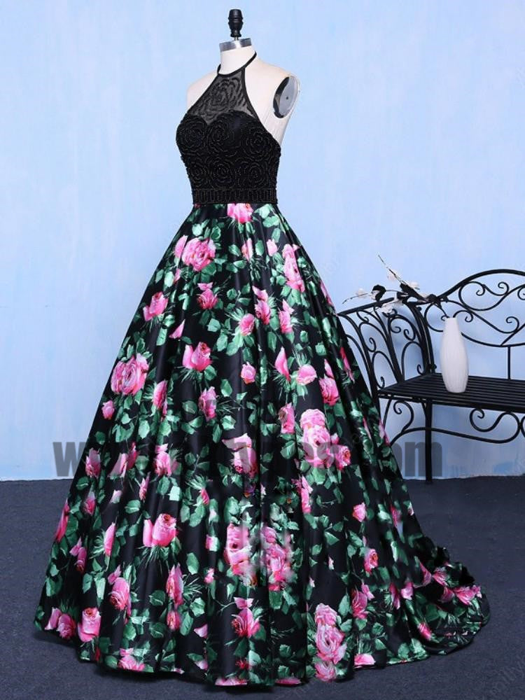 Chic A Line Prom Dress Modest Beautiful Floral Cheap Long Black Prom Dress, TYP0401