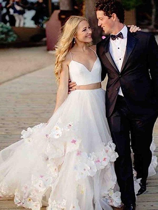 Two Piece Spaghetti Strap V-neck Cheap Ivory Tulle  Wedding Dresses, TYP1483
