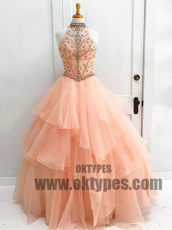 Ball Gown High Neck Floor-length Sleeveless Tulle Prom Dress/Evening Dress, Beading Prom Dresses, TYP0434