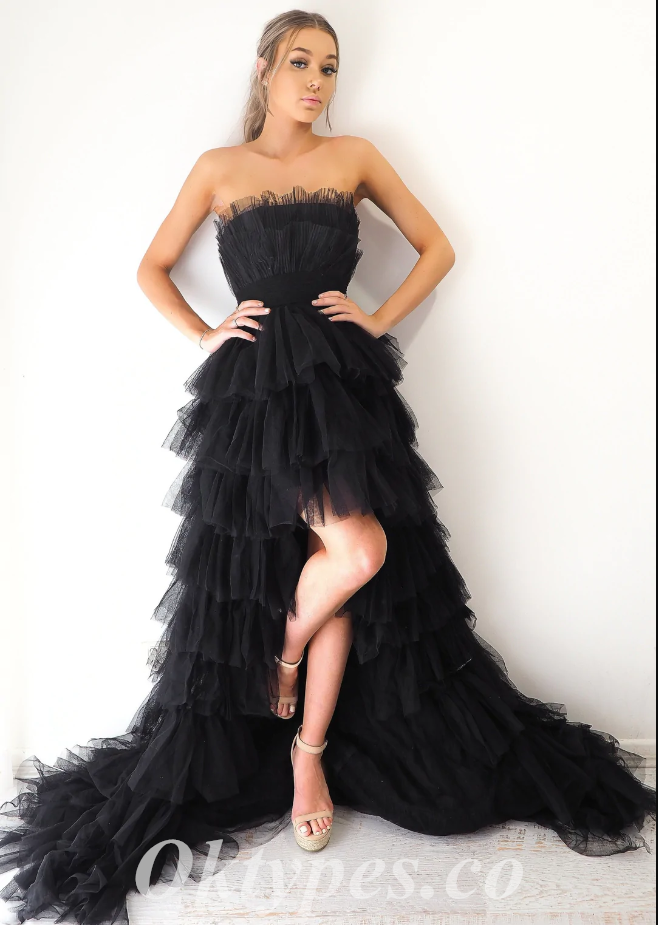 Sexy Black Tulle Sweetheart Sleeveless High Low A-Line Long Prom Dresses,PDS0706