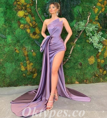 Sexy Purple Satin Sweetheart Sleeveless Side Slit Mermaid Long Prom Dresses With Trailing,PDS0544