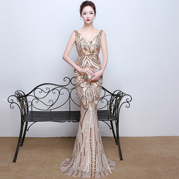 Sparkle Gold Sequin Deep V Neck Long Mermaid Prom Dresses, TYP1381