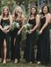Sheath Spaghetti Straps Black Chiffon Bridesmaid Dresses with Split, TYP1315