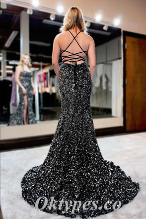 Sexy Black Sequin Spaghetti Straps Square Sleeveless Lace Up Back Mermaid Long Prom Dresses With Side Slit,PDS0610