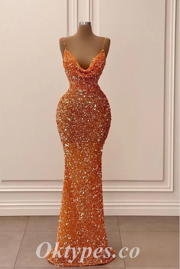 Sexy Orange Sequin Spaghetti Straps Cowl Sleeveless Mermaid Long Prom Dresses ,PDS0619