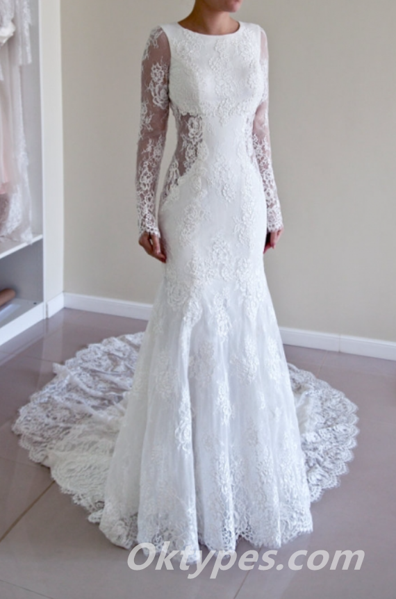 Gorgeous Tulle And Lace Jewel Long Sleeves Open Back Mermaid Long Wedding Dresses,WDS0125