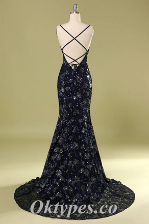 Sexy Special Fabric Spaghetti Straps V-Neck Criss-Cross Lace Up Back Mermaid Long Prom Dresses,PDS0535