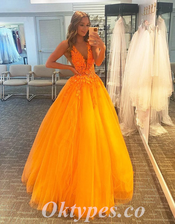 Elegant Orange Tulle Spaghetti Straps V-Neck A-Line Long Prom Dresses With Applique,PDS0592