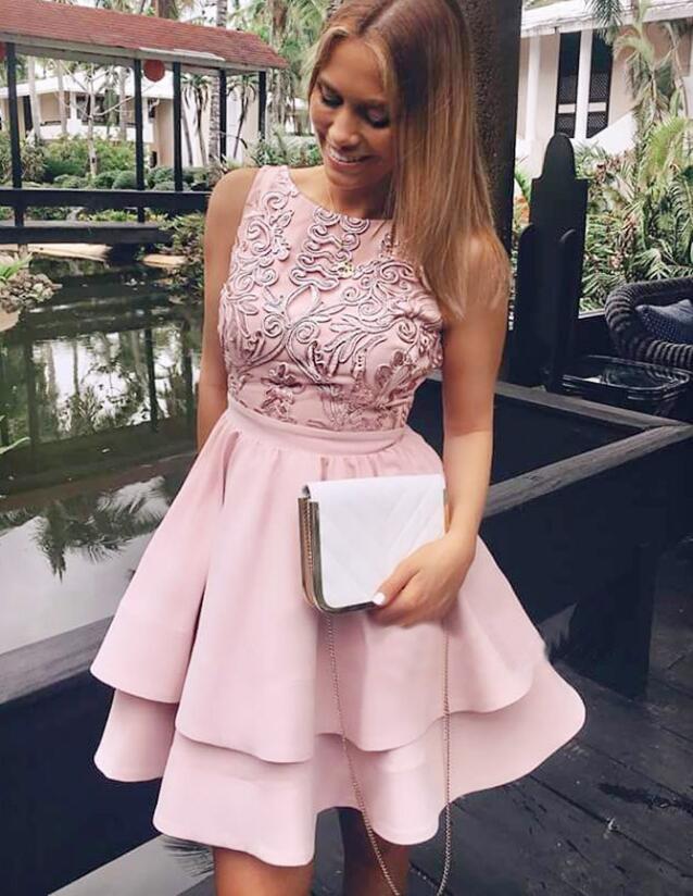 Pretty Bateau Short Blush Pink Satin Homecoming Party Dresses with Appliques, TYP1088