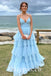 Sexy Tulle Spaghetti Straps V-Neck A-Line Long Prom Dresses, PDS0941