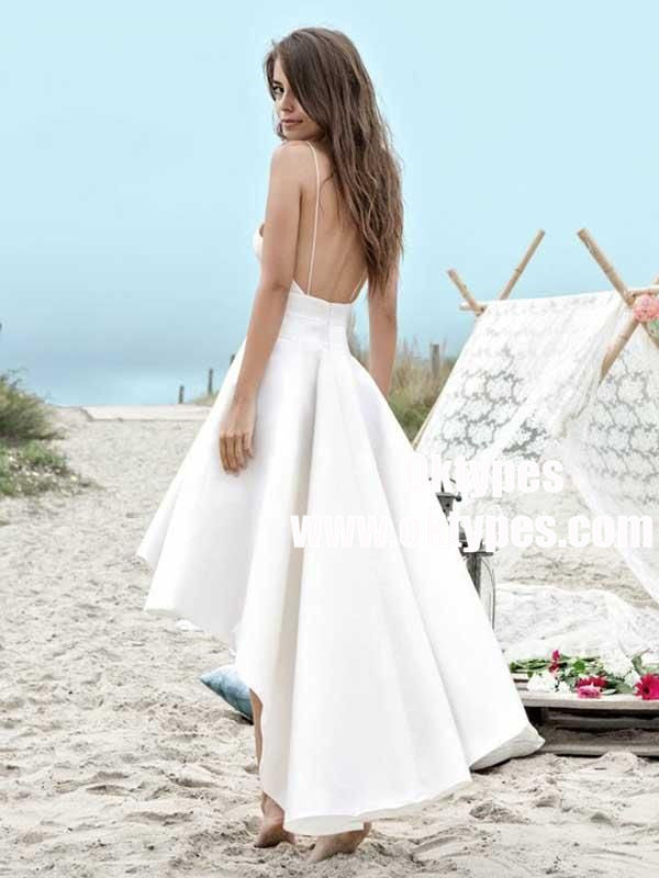 High Low Spaghetti Straps Backless Satin Beach Wedding Dress with Pockets, TYP0917