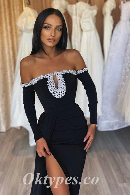 Sexy Black Velvet Sweetheart Long Sleeve Side Slit Mermaid Long prom Dresses With Beading, PDS0829