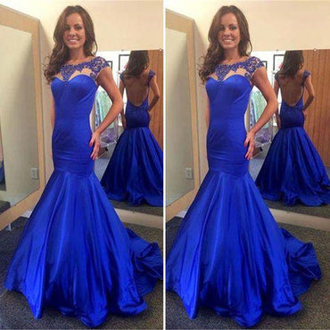 Scoop Neckline Royal Blue Satin Beaded Backless Long Mermaid Prom Dresses, TYP0038