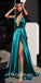 Sexy Soft Satin Spaghetti Straps Deep V-Neck Sleeveless Side Slit A-Line Long Prom Dresses, PDS0890