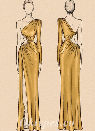 Sexy Satin One Shoulder Long Sleeve Side Slit Mermaid Long Prom Dresses,PDS0671