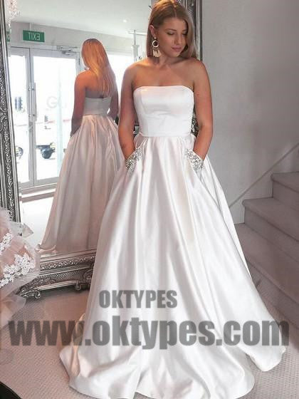 White Long Floor Length Satin Prom Dresses, Straight Across Prom Dresses, Beading Prom Dresses, Zipper Prom Dresses, TYP0286