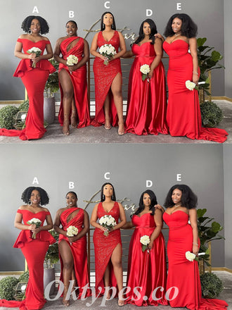 Mismatched Red Sexy Soft Satin Sleeveless Floor Length Bridesmaid Dressses, BDS0237