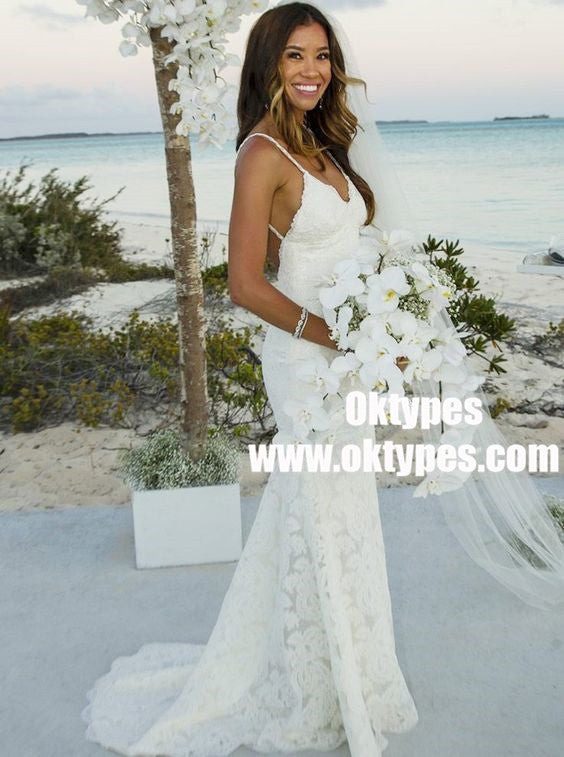 Mermaid Spaghetti Straps Backless Lace Beach Wedding Dresses, TYP0879
