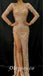 Sexy Sequin V-Neck Long Sleeve Side Slit Mermaid Long Prom Dresses , PDS0853