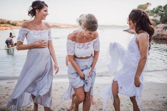 2 pieces Lace Top Short Sleeve Beach Wedding Bridesmaid Dresses, Affordable Bridesmaid Dress, TYP0320