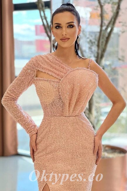 Sexy Sequin One Shoulder Long Sleeve Side Slit Mermaid Long Prom Dresses, PDS0870