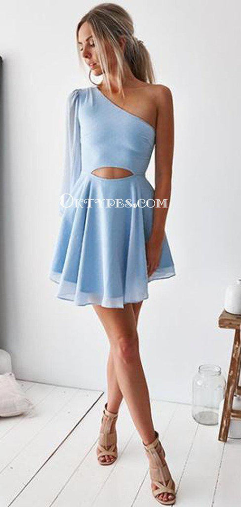 Cute Baby Blue One Shoulder Chiffon A-line Cheap Short Homecoming Dresses, HDS0032