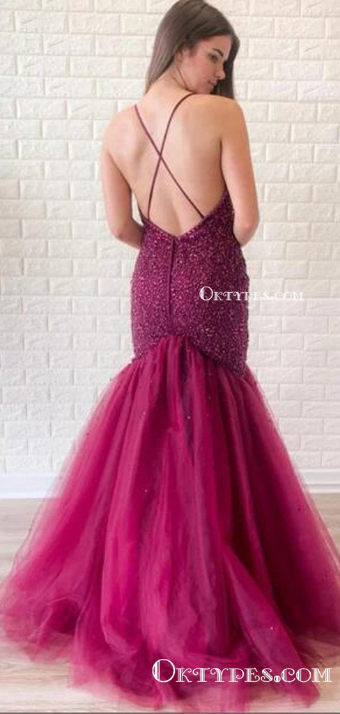 Elegant Spaghetti Straps Purple Tulle Mermaid Sexy Backless Beading Long Cheap Charming Prom Dresses, PDS0043