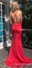 Charming Simple Sexy V Neck Spaghetti Straps Mermaid Backless Red Satin Long Cheap Prom Dresses, PDS0042